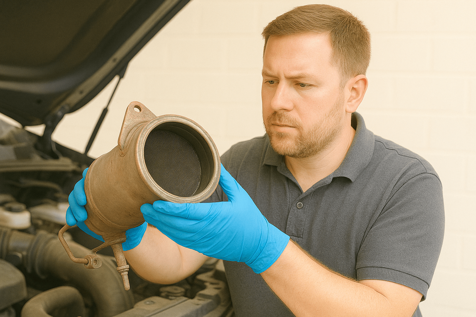 Mechanic in blue gloves inspecting a diesel particulate filter in a bright, sunlit workshop.