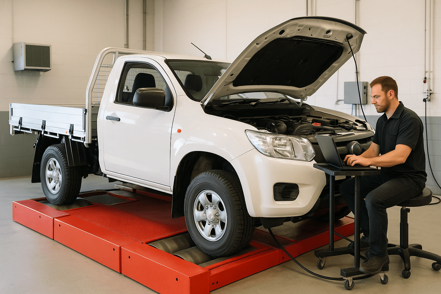 Mechanic tuning a white work ute on a dynamometer in a bright workshop.