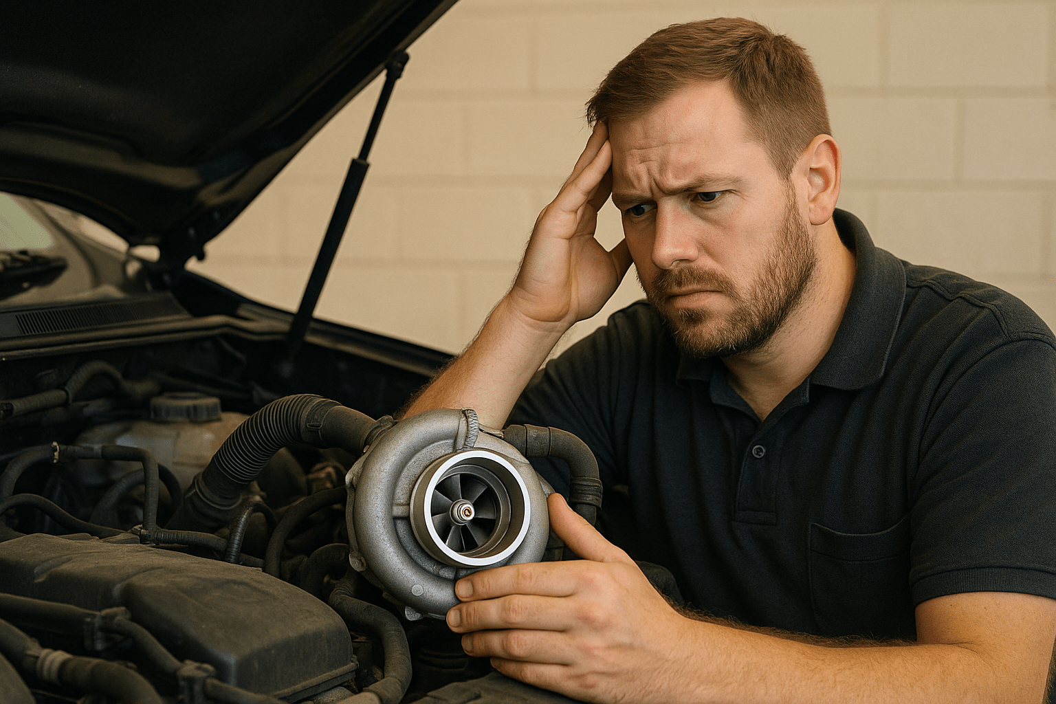 Mechanic inspecting a turbocharger in a diesel engine with a concerned expression.