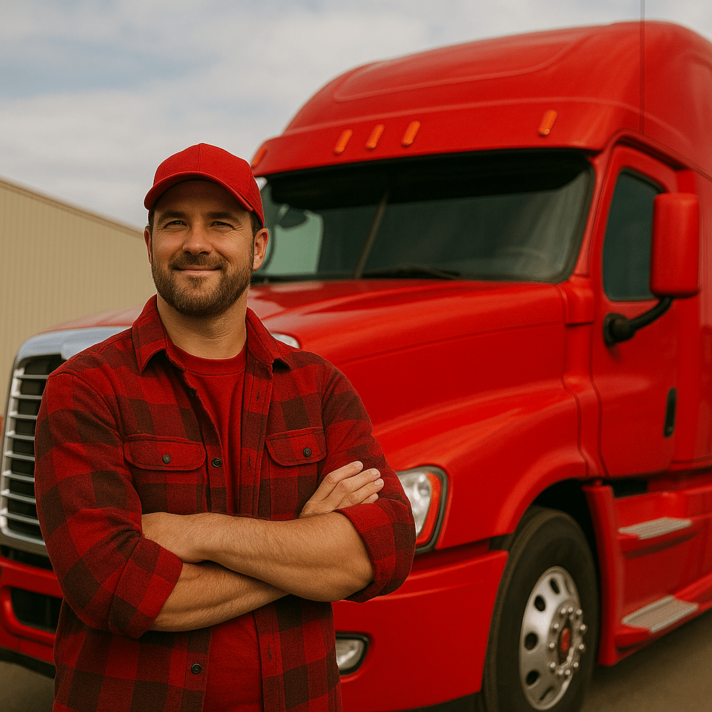 A smiling bearded man in a red cap and red plaid shirt stands confidently with folded arms in front of a shiny red semi-truck parked beside a warehouse under a partly cloudy sky.