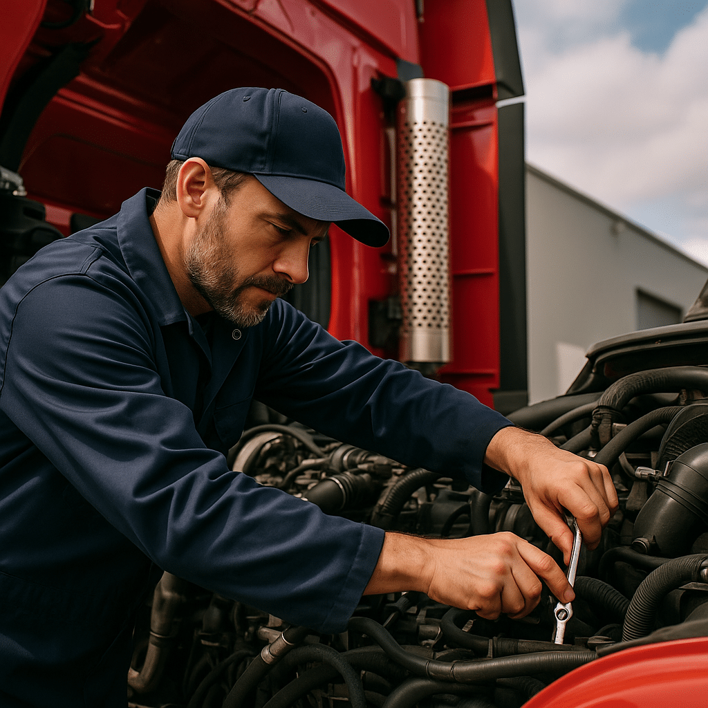 A focused mechanic in a navy uniform and cap uses a wrench to adjust components inside the open engine bay of a red semi-truck, with pipes and hoses visible against an industrial backdrop.
