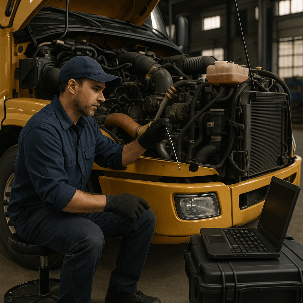 A mechanic in navy overalls inspects the engine of a yellow diesel truck inside a well-lit industrial garage, with a laptop open on a tool case nearby.